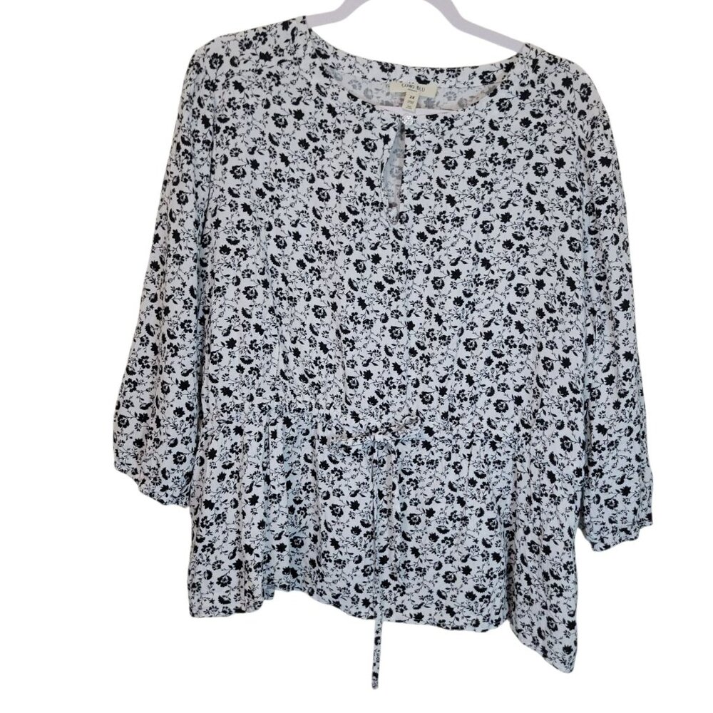 Como Blu Womens 2X Floral Print Black & White Blouse With Tie Waist Career